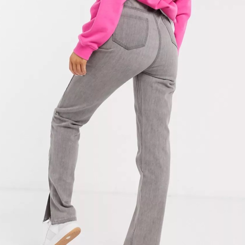In The Style x Fashion Influx straight leg jean with split hem detail in gray 8